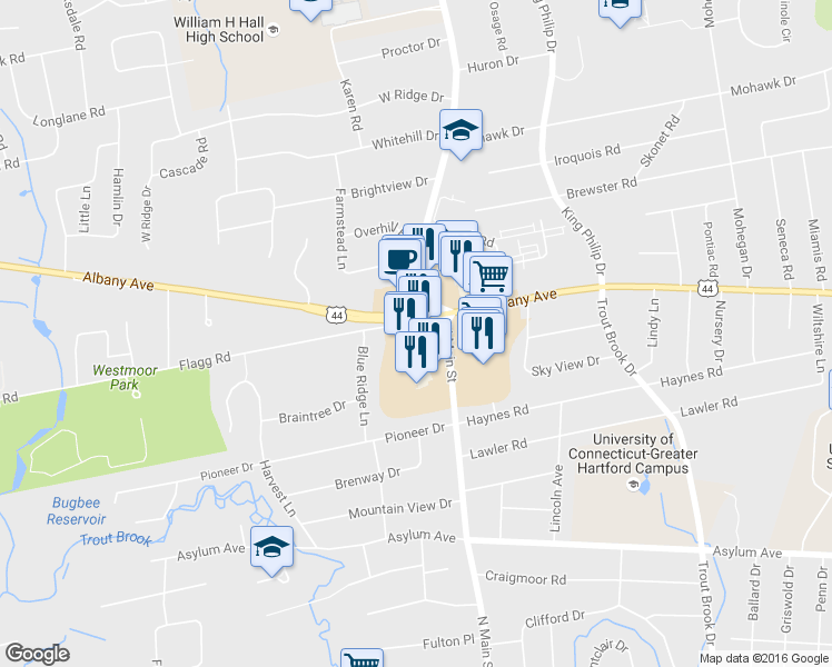 map of restaurants, bars, coffee shops, grocery stores, and more near 2541 Albany Avenue in West Hartford