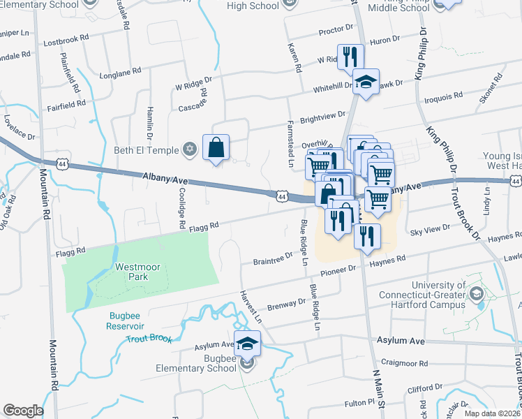 map of restaurants, bars, coffee shops, grocery stores, and more near 2587 Albany Avenue in West Hartford