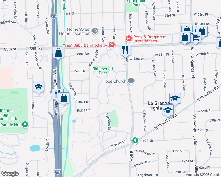map of restaurants, bars, coffee shops, grocery stores, and more near 5703 Lawn Drive in Western Springs