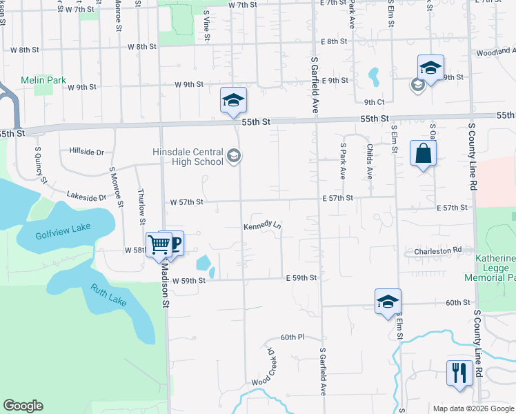 map of restaurants, bars, coffee shops, grocery stores, and more near 22 West 57th Street in Hinsdale
