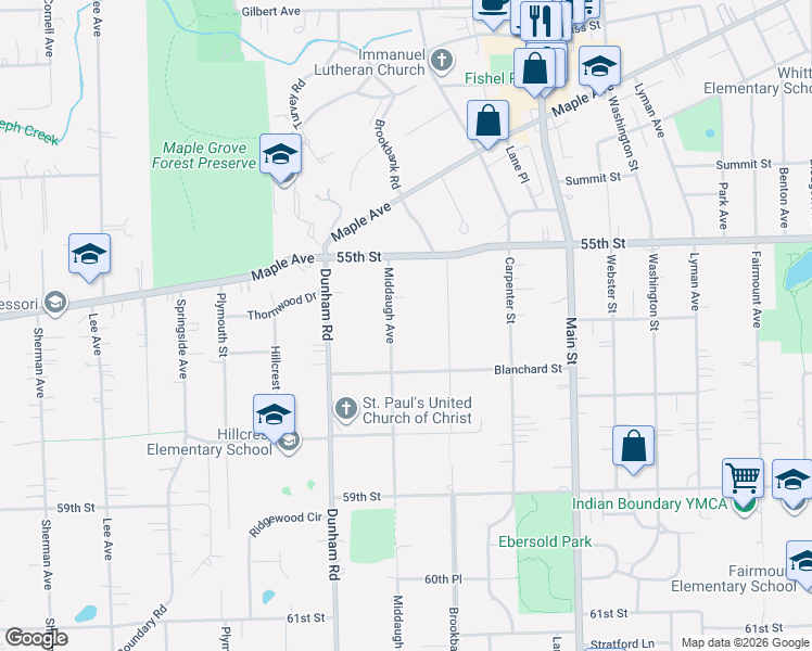 map of restaurants, bars, coffee shops, grocery stores, and more near 5603 Middaugh Avenue in Downers Grove