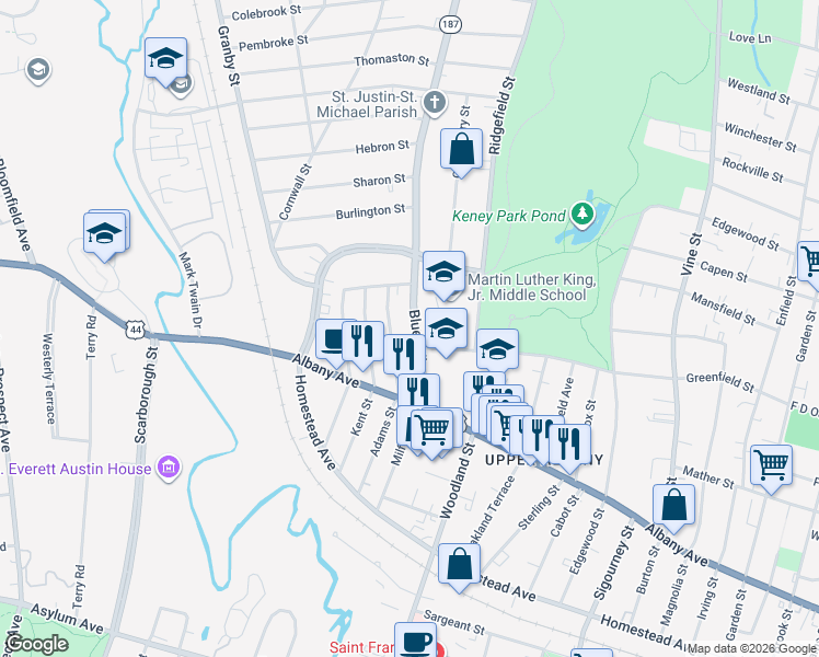 map of restaurants, bars, coffee shops, grocery stores, and more near 73 Blue Hills Avenue in Hartford