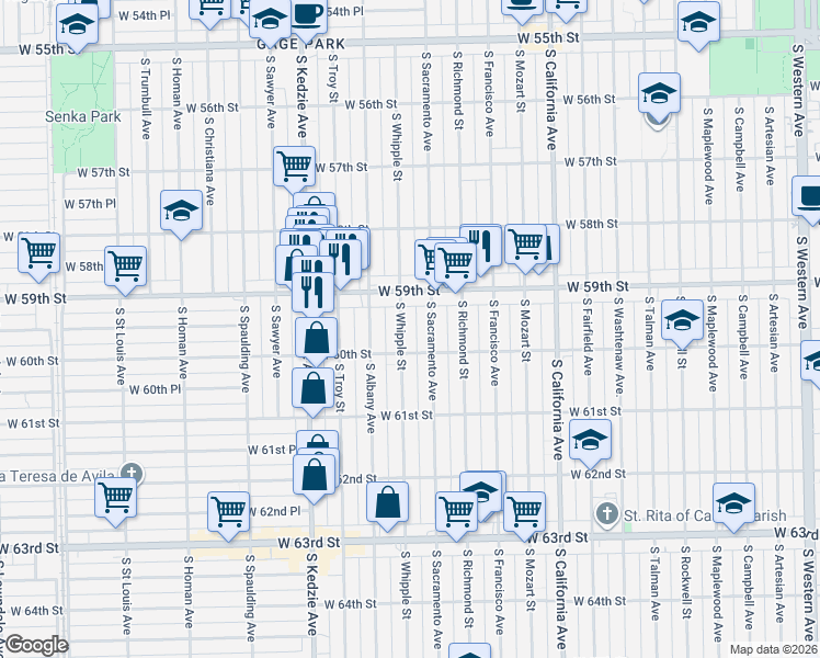 map of restaurants, bars, coffee shops, grocery stores, and more near 5926 South Sacramento Avenue in Chicago