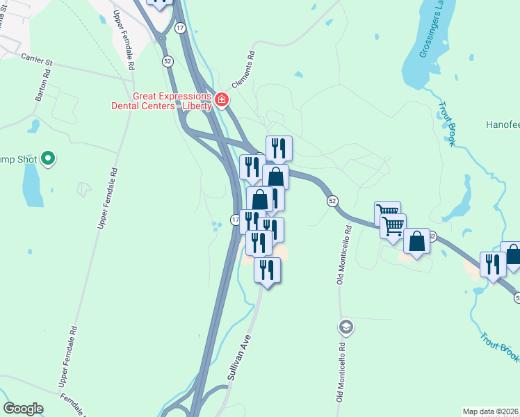 map of restaurants, bars, coffee shops, grocery stores, and more near 29 Old Route 17 in Liberty
