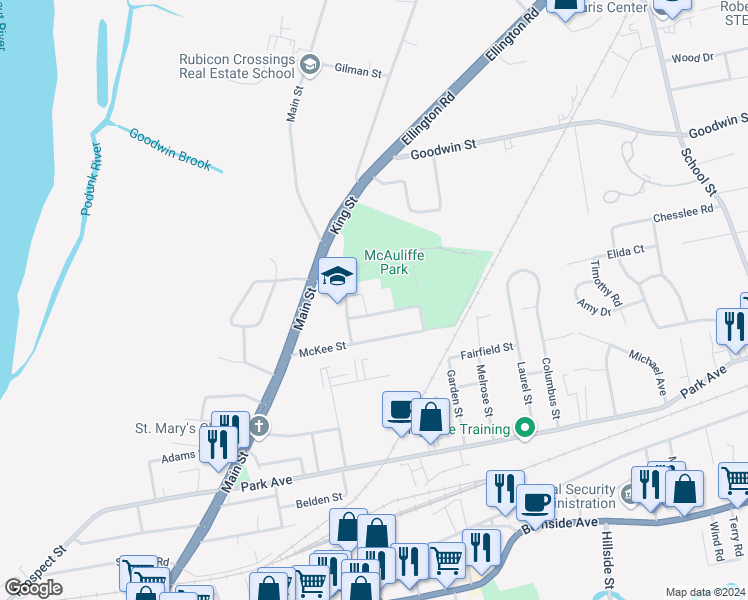 map of restaurants, bars, coffee shops, grocery stores, and more near 40 Remington Road in East Hartford
