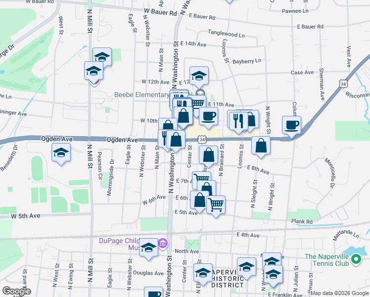 map of restaurants, bars, coffee shops, grocery stores, and more near 847 North Center Street in Naperville