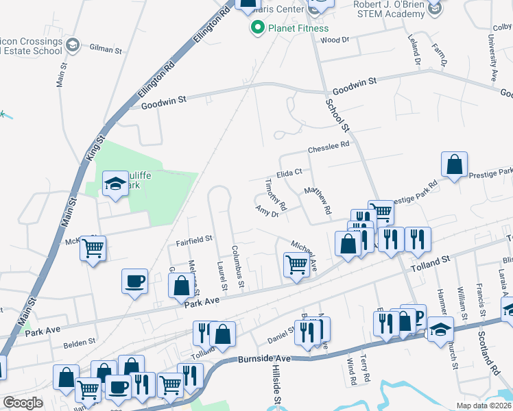 map of restaurants, bars, coffee shops, grocery stores, and more near 11 Amy Drive in East Hartford