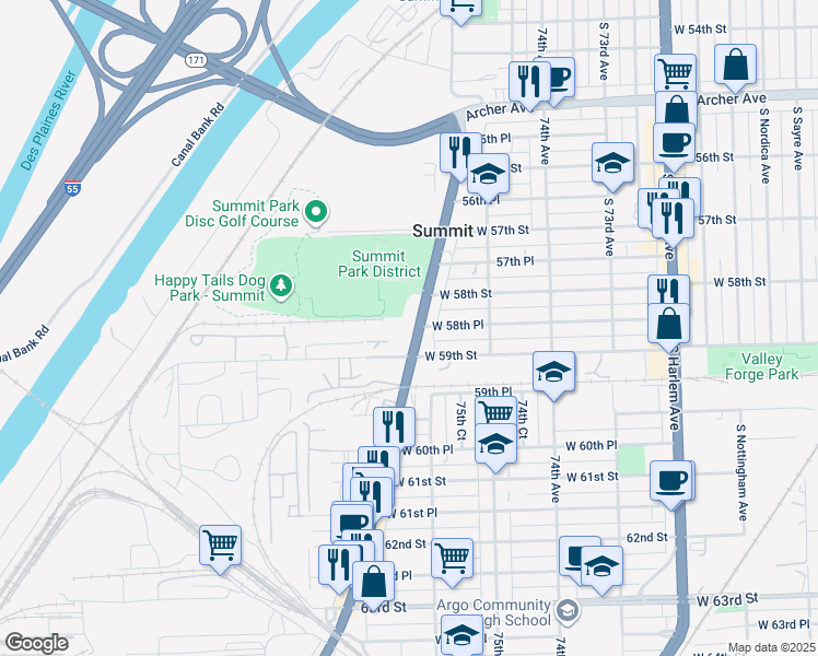 map of restaurants, bars, coffee shops, grocery stores, and more near 5818 South Archer Road in Summit