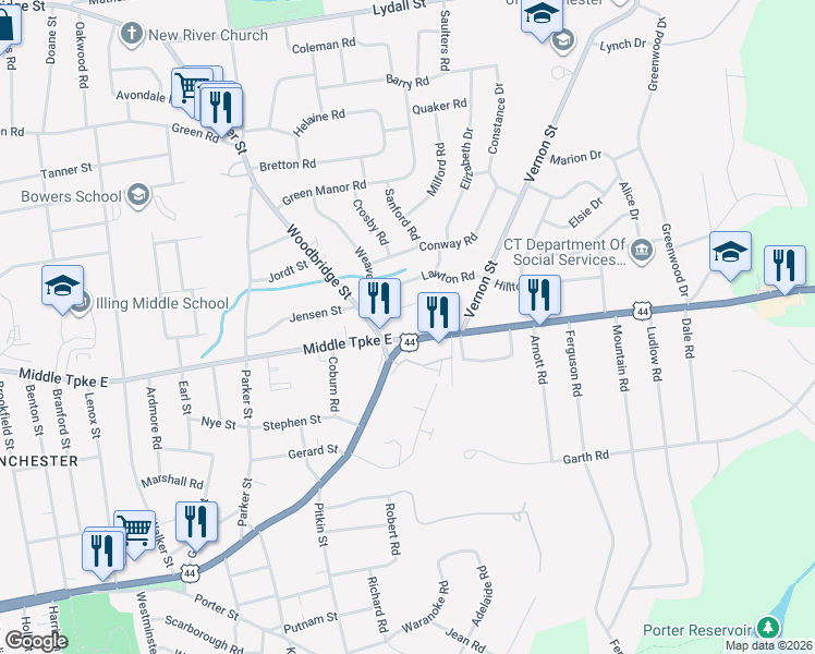 map of restaurants, bars, coffee shops, grocery stores, and more near 501 Middle Turnpike East in Manchester