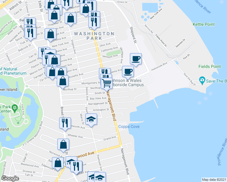 map of restaurants, bars, coffee shops, grocery stores, and more near 161 Smith Street in Cranston