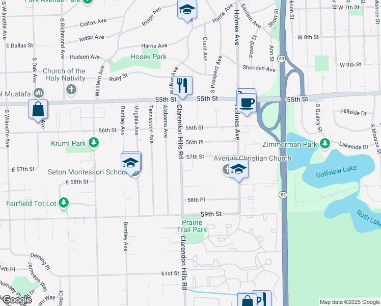 map of restaurants, bars, coffee shops, grocery stores, and more near 760 57th Street in Clarendon Hills
