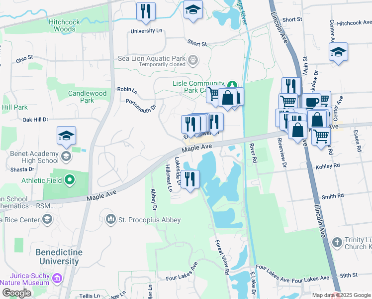 map of restaurants, bars, coffee shops, grocery stores, and more near 1701 Maple Avenue in Lisle