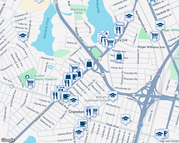 map of restaurants, bars, coffee shops, grocery stores, and more near 460 Reservoir Avenue in Cranston
