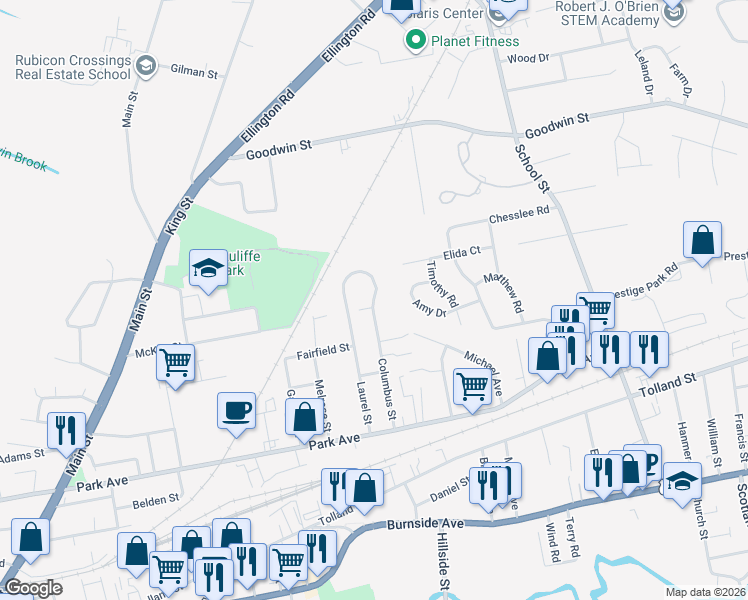 map of restaurants, bars, coffee shops, grocery stores, and more near Columbus Circle in East Hartford