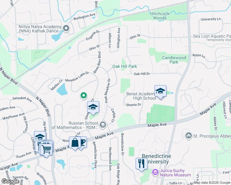 map of restaurants, bars, coffee shops, grocery stores, and more near 24W420 Arrow Court in Naperville