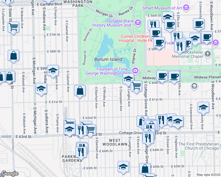 map of restaurants, bars, coffee shops, grocery stores, and more near 607 East 60th Street in Chicago