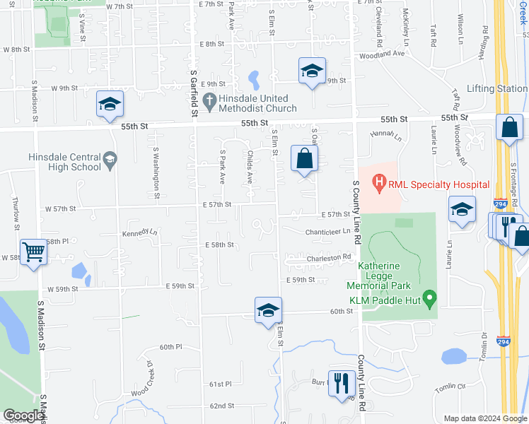 map of restaurants, bars, coffee shops, grocery stores, and more near 300 Claymoor in Hinsdale