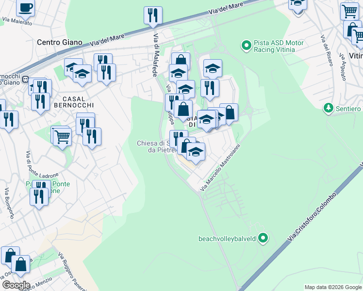 map of restaurants, bars, coffee shops, grocery stores, and more near 44 Via Paolo Stoppa in Roma