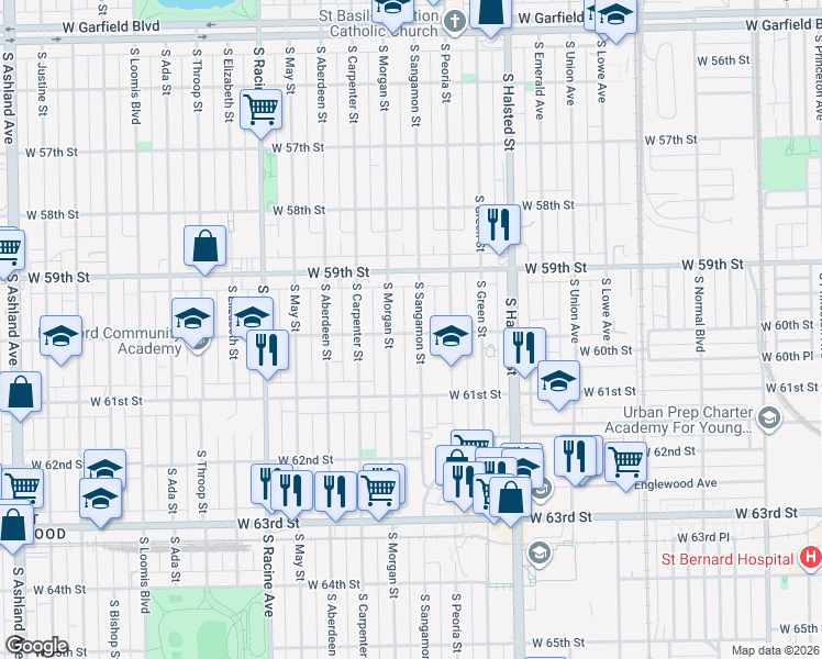 map of restaurants, bars, coffee shops, grocery stores, and more near 5947 South Morgan Street in Chicago