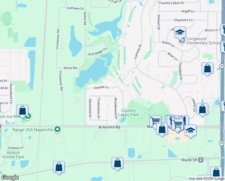 map of restaurants, bars, coffee shops, grocery stores, and more near 2424 Oneida Lane in Naperville