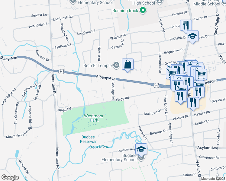 map of restaurants, bars, coffee shops, grocery stores, and more near Coolidge Road in West Hartford