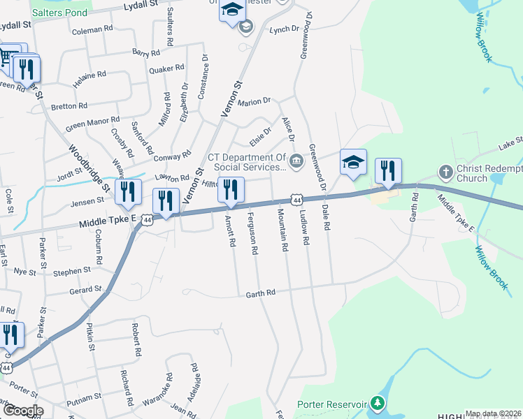 map of restaurants, bars, coffee shops, grocery stores, and more near 674 Middle Turnpike East in Manchester