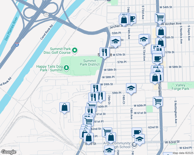 map of restaurants, bars, coffee shops, grocery stores, and more near 5818 South Archer Road in Summit