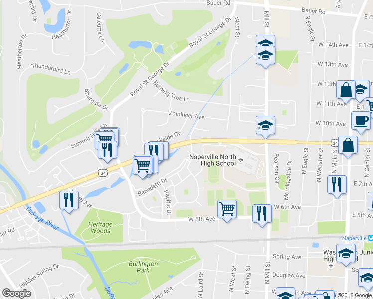 map of restaurants, bars, coffee shops, grocery stores, and more near 889 Benedetti Drive in Naperville