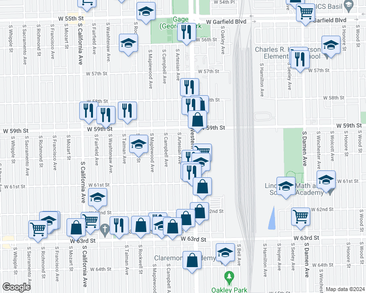 map of restaurants, bars, coffee shops, grocery stores, and more near 5941 South Artesian Avenue in Chicago