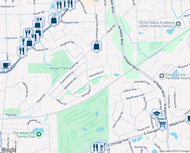 map of restaurants, bars, coffee shops, grocery stores, and more near 1314 Haverhill Circle in Naperville