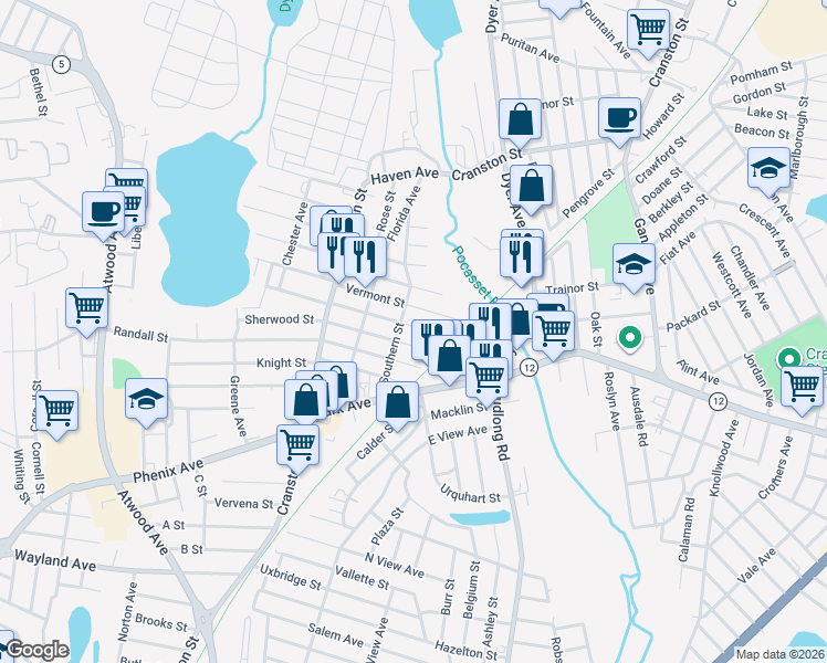 map of restaurants, bars, coffee shops, grocery stores, and more near 95 Massachusetts Street in Cranston