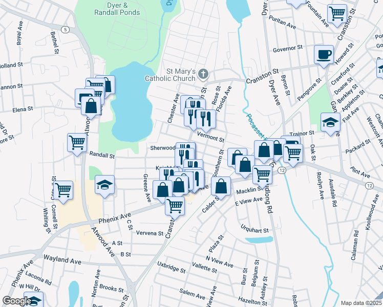 map of restaurants, bars, coffee shops, grocery stores, and more near 1641 Cranston Street in Cranston