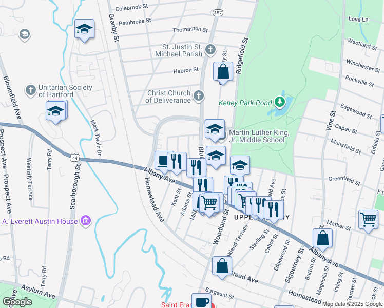 map of restaurants, bars, coffee shops, grocery stores, and more near 73 Blue Hills Avenue in Hartford