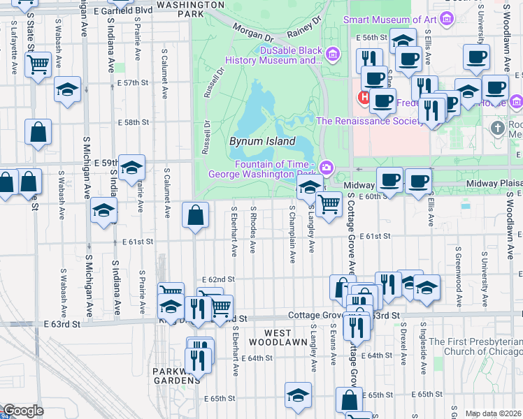 map of restaurants, bars, coffee shops, grocery stores, and more near 539 East 60th Street in Chicago