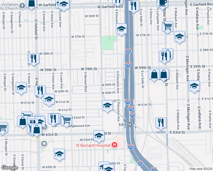 map of restaurants, bars, coffee shops, grocery stores, and more near 342 West 60th Street in Chicago