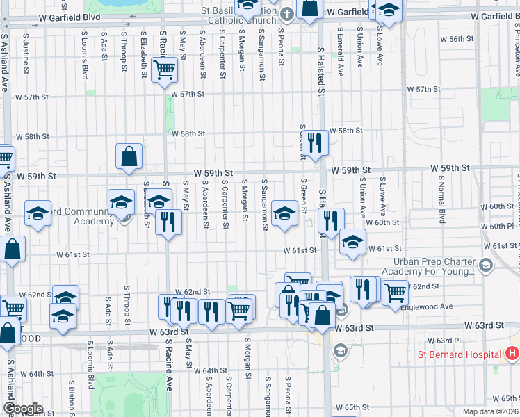 map of restaurants, bars, coffee shops, grocery stores, and more near 5947 South Morgan Street in Chicago