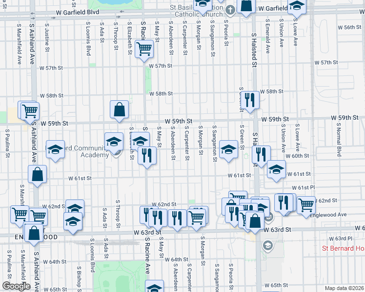 map of restaurants, bars, coffee shops, grocery stores, and more near 5947 South Carpenter Street in Chicago
