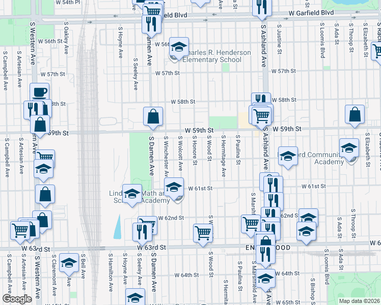 map of restaurants, bars, coffee shops, grocery stores, and more near 5938 South Honore Street in Chicago