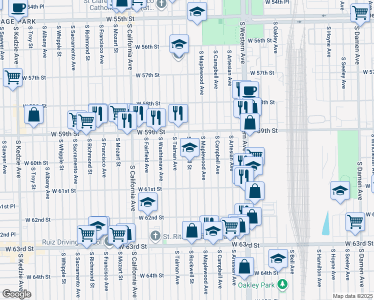 map of restaurants, bars, coffee shops, grocery stores, and more near 5933 South Rockwell Street in Chicago