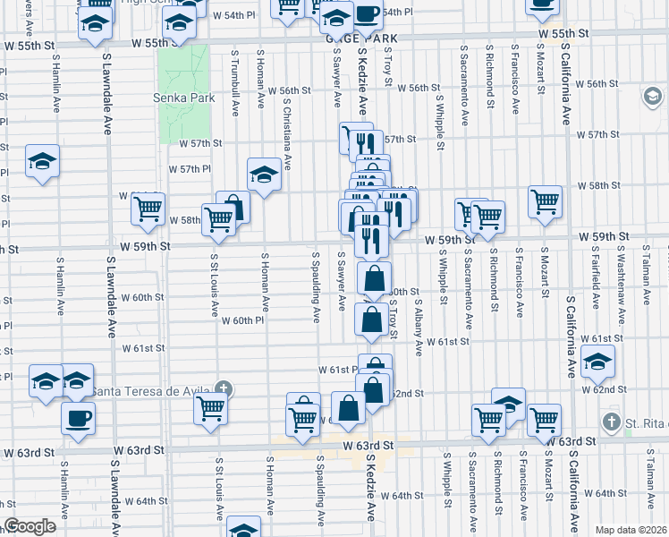 map of restaurants, bars, coffee shops, grocery stores, and more near 5922 South Sawyer Avenue in Chicago