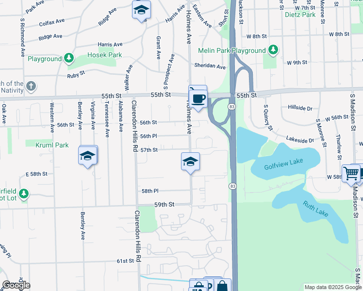 map of restaurants, bars, coffee shops, grocery stores, and more near 16W608 57th Street in Clarendon Hills