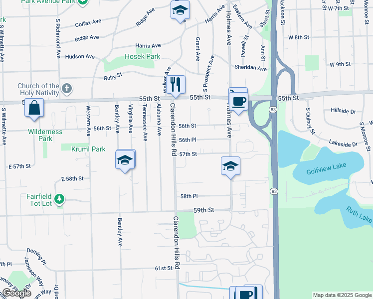 map of restaurants, bars, coffee shops, grocery stores, and more near 729 56th Place in Clarendon Hills