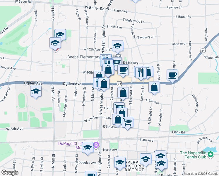 map of restaurants, bars, coffee shops, grocery stores, and more near 847 North Center Street in Naperville
