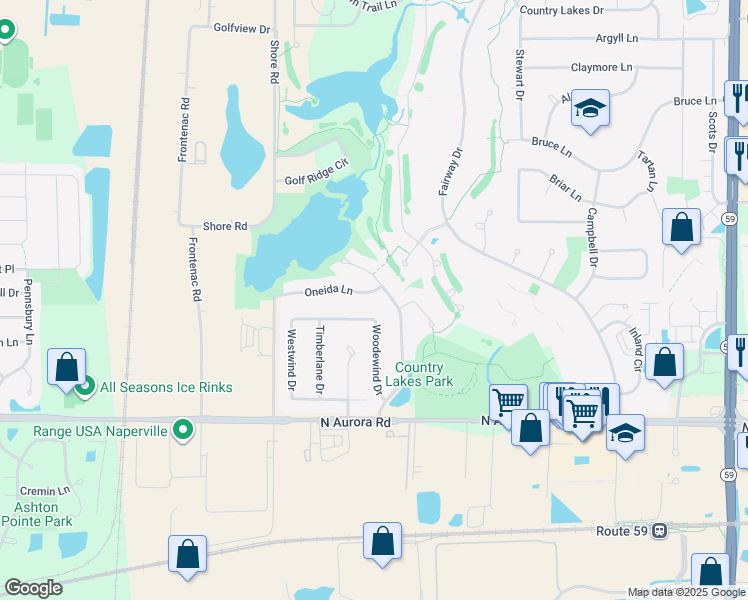 map of restaurants, bars, coffee shops, grocery stores, and more near 2412 Oneida Lane in Naperville