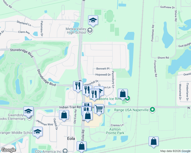 map of restaurants, bars, coffee shops, grocery stores, and more near 3151 Hopewell Drive in Aurora