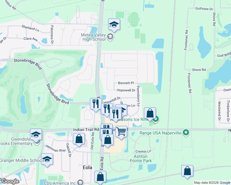 map of restaurants, bars, coffee shops, grocery stores, and more near 3151 Hopewell Drive in Aurora