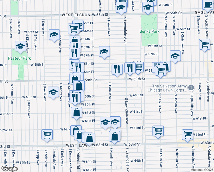 map of restaurants, bars, coffee shops, grocery stores, and more near 3808 West 59th Place in Chicago