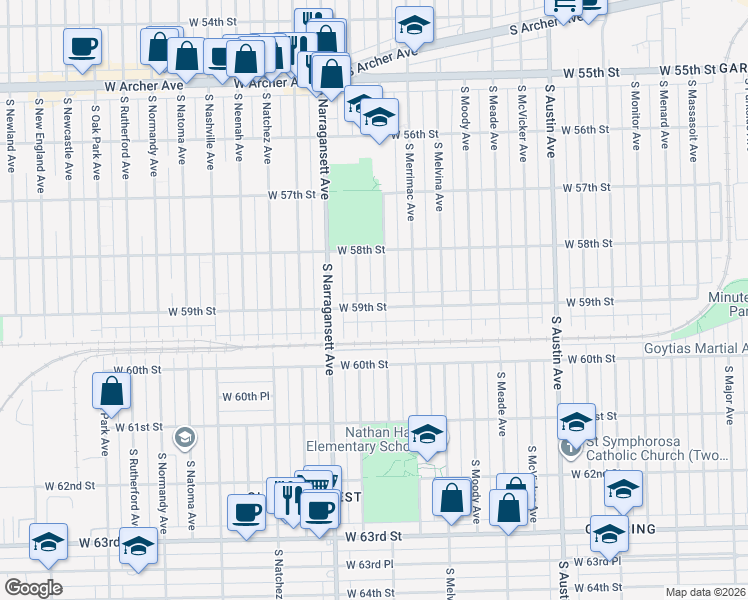 map of restaurants, bars, coffee shops, grocery stores, and more near 5843 South Mulligan Avenue in Chicago