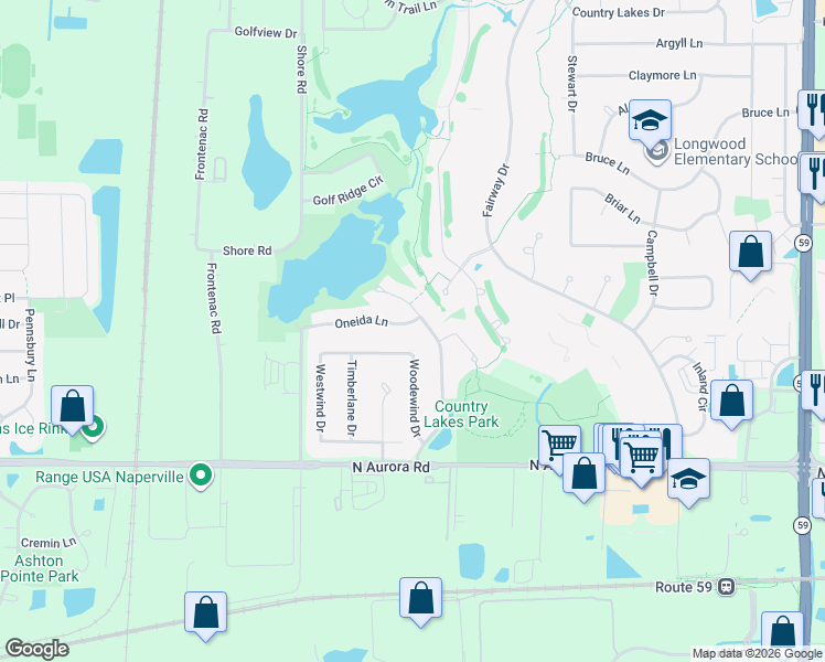 map of restaurants, bars, coffee shops, grocery stores, and more near 2418 Oneida Lane in Naperville