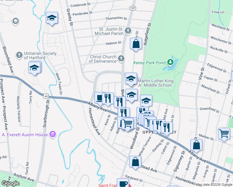 map of restaurants, bars, coffee shops, grocery stores, and more near 73 Blue Hills Avenue in Hartford
